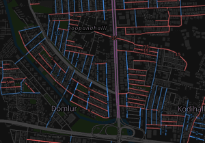 Street names in Bengaluru are usually named mains (red) and crosses (blue) and is a constant source of confusion for new residents due to inconsistent numbering system across neighbourhoods. By Arun Ganesh [Source: OpenStreetMap (ODbL)]