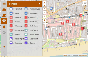 A map with doctors and pharmacies around the town hall in Bexhill-UK