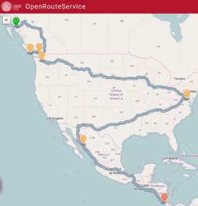 Route from Prince Rupert to San José via Washington with OpenRouteService