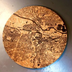 “Reading map” etched cork tray showing only buildings and rivers by Tony Short
