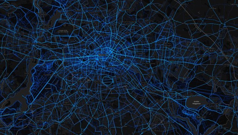 “Wo radeln die Radler? Nicht nur für Stadtplaner eine wichtige Frage”, fragt das „manager magazin“ aus Hamburg ¹ | Foto von Berlin mit freundlicher Erlaubnis des manager magazin (Foto: Heat created by Strava cyclists. Map provided by Mapbox/Open Street Map)