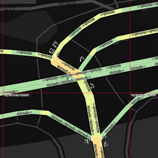 Карта отладки OSRM показывает штрафы на поворотах. ¹ | © OpenStreetMap Contributors CC-BY-SA 2.0