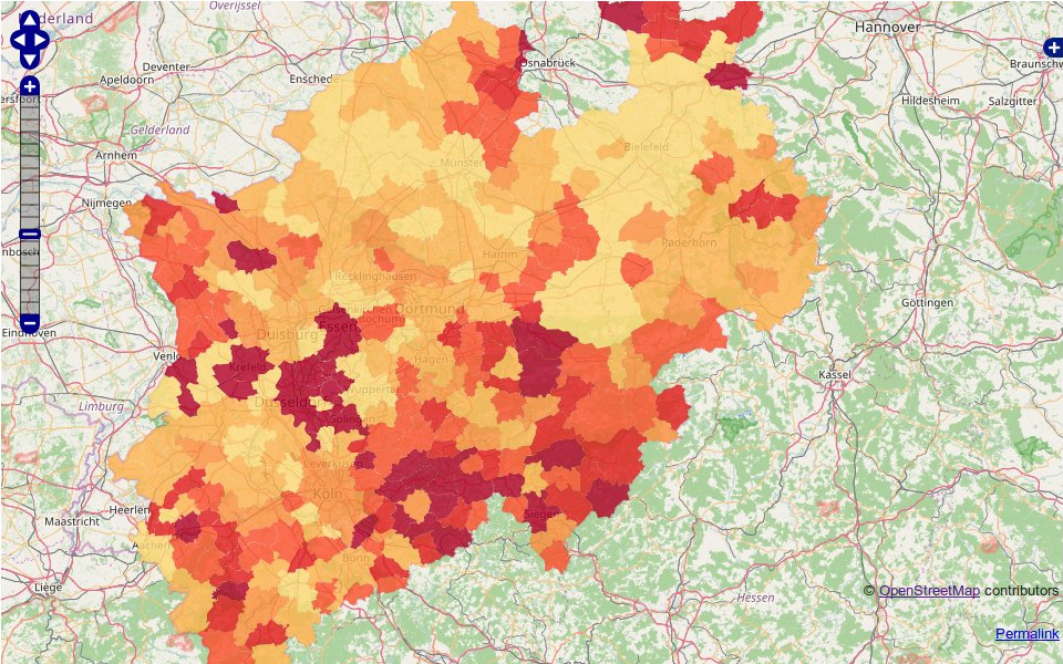 Die Adressvollständigkeit in NRW anschaulich visualisiert ¹ | © OpenStreetMap Mitwirkende CC-BY-SA 2.0