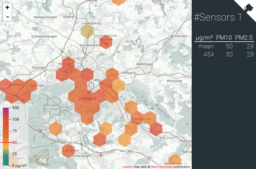 Свободная карта Пылевого загрязнения в Штуттгарте, Германия ¹ | © OpenStreetMap Mitwirkende CC-BY-SA 2.0