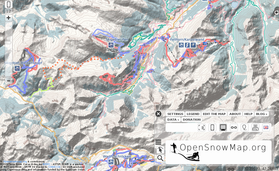 Die OpenSnowMap jetzt mit eigener Schriftart zur besseren Darstellung der Angebote im Skigebiet ¹ | © OpenStreetMap Mitwirkende CC-BY-SA 2.0