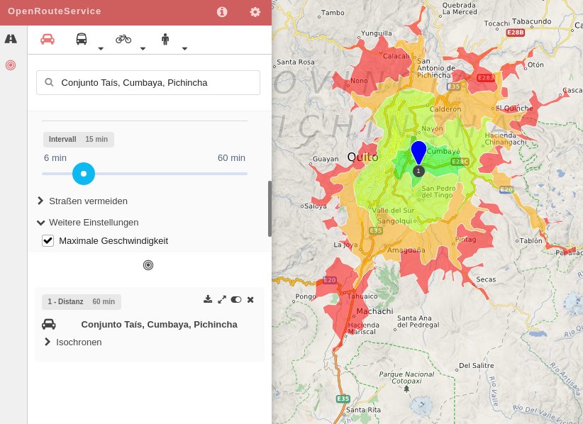 OpenRouteService mit isochronen Entfernungen ¹ | © OpenStreetMap Mitwirkende CC-BY-SA 2.0