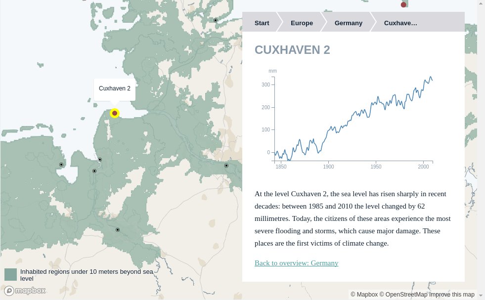 Anstieg des Meeresspiegels in Cuxhaven von ~ 1850 bis heute ¹ | © OpenStreetMap contributors, ODbL © Mapbox~
