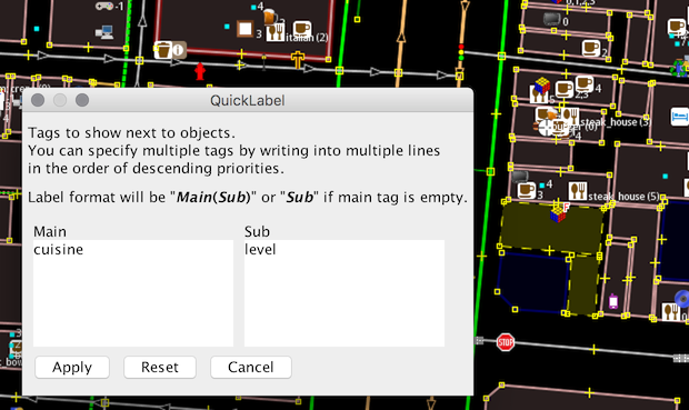 Screenshot des neuen JOSM-Plugins QuickLabel ¹ | © OpenStreetMap Mitwirkende