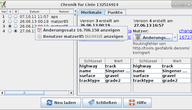 Kontextsensitive Kontextmenüs im History-Dialog von JOSM ¹