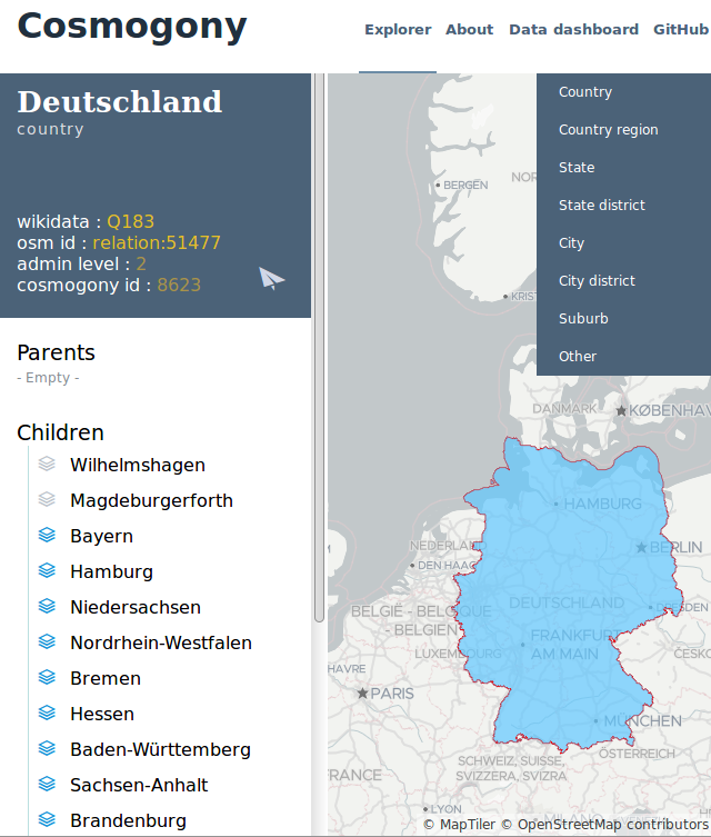 Der “Explorer” für Verwaltungsgebietshierarchien von Cosmogony ¹ | Bild: Kisio Digital, Daten © OpenStreetMap Mitwirkende